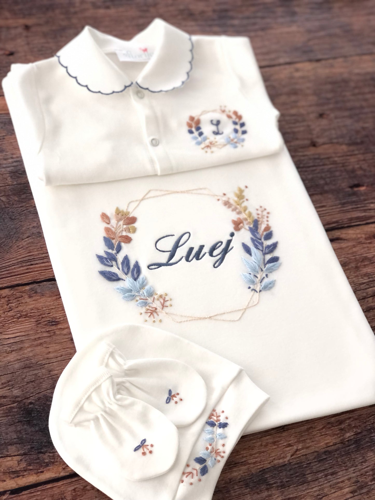 <tc>مجموعة ملابس حديثي الولادة مع تطريز يدوي بالإسم (4 قطع ، بذلة نوم ، بطانية ، قبعة صغيرة ، قفازات) | شكل هندسي | أزرق</tc>