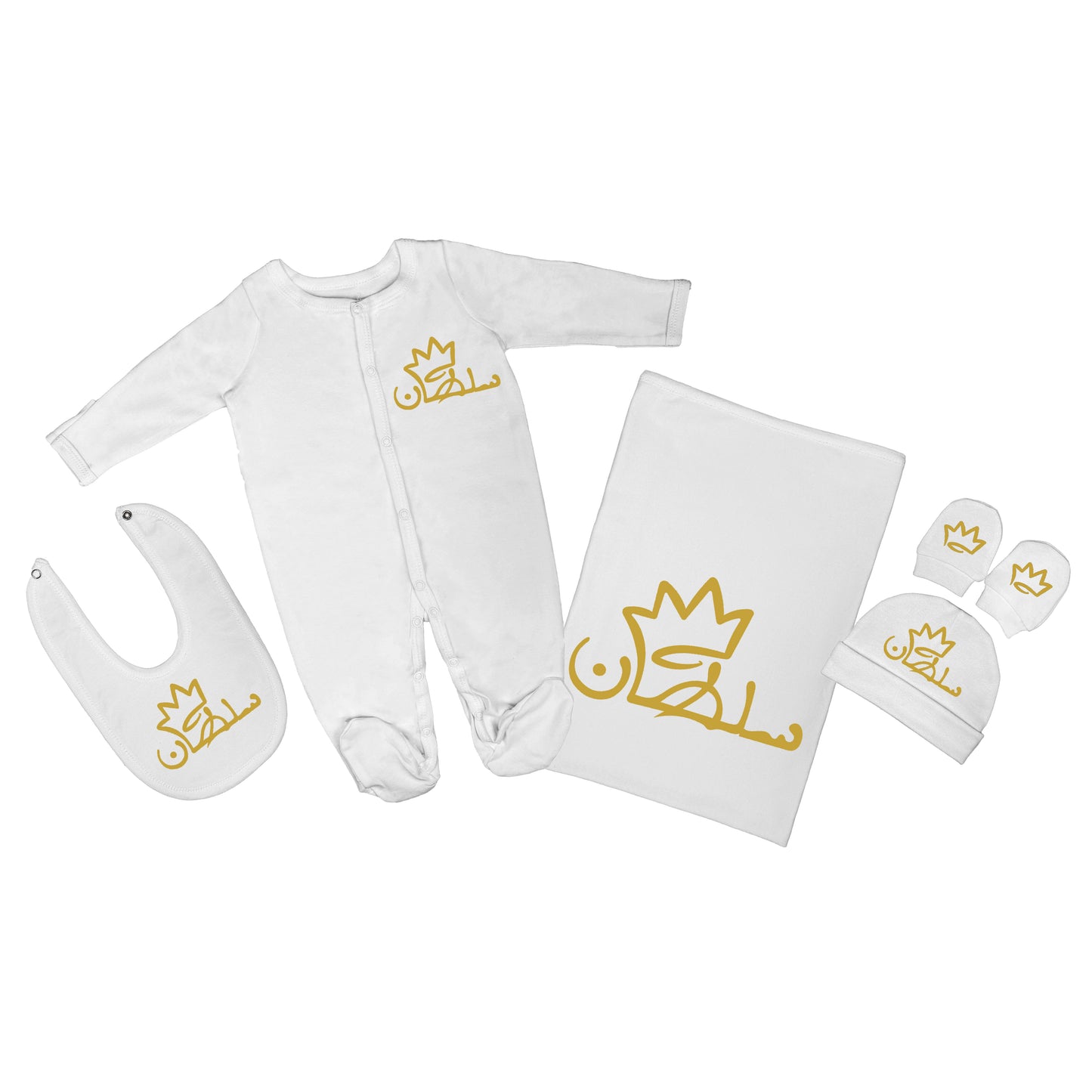 Personalized Baby Clothing Set (Blanket, Sleepsuit, Beanie, Bib, Mittens) - Prince