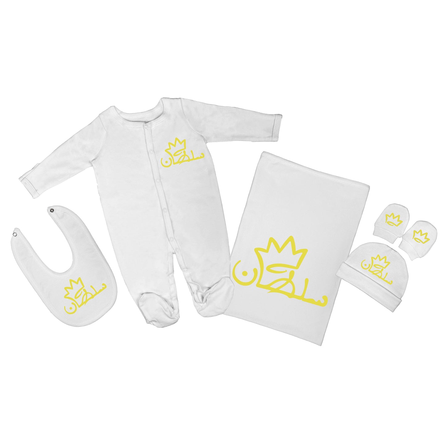 Personalized Baby Clothing Set (Blanket, Sleepsuit, Beanie, Bib, Mittens) - Prince