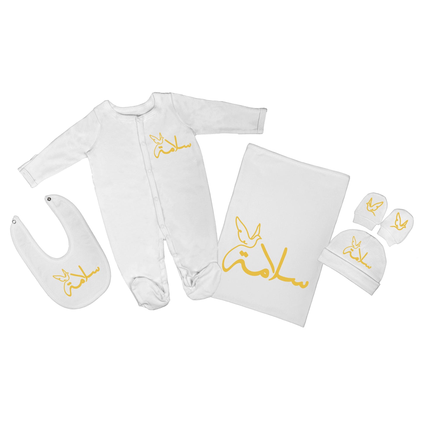 Personalized Baby Clothing Set (Blanket, Sleepsuit, Beanie, Bib, Mittens) - Dove