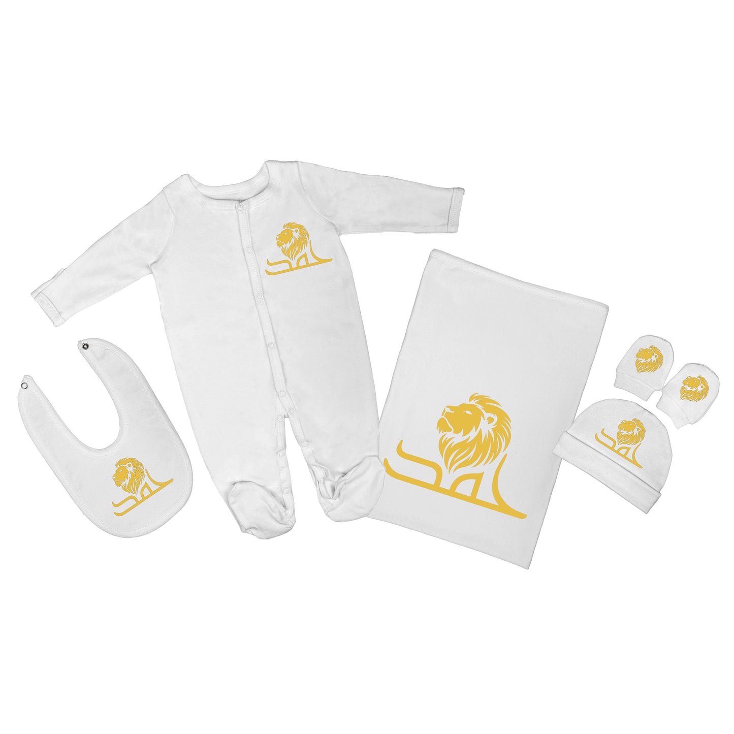 Personalized Baby Clothing Set (Blanket, Sleepsuit, Beanie, Bib, Mittens) - Lion