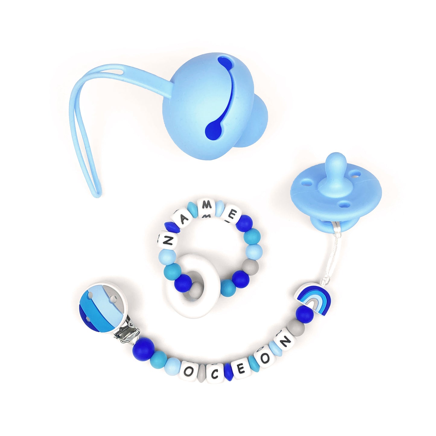Personalized Rainbow Chain With Pacifier, Ring Teether, & Pacifier Case