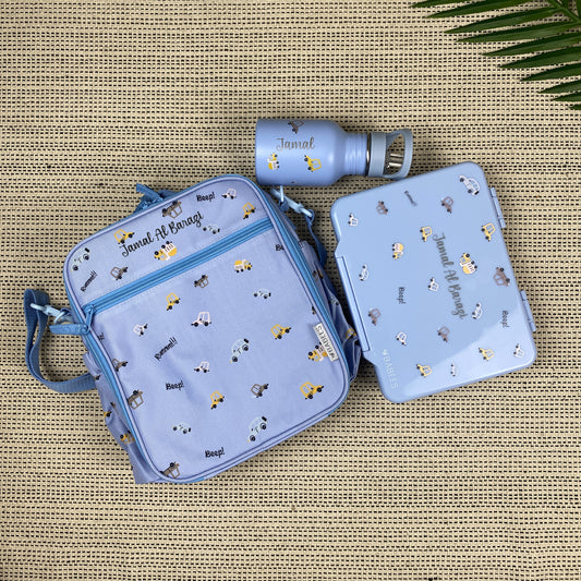 Personalized Kids Lunch Set – Blue Vehicles (Bento, Bottle & Embroidered Bag)