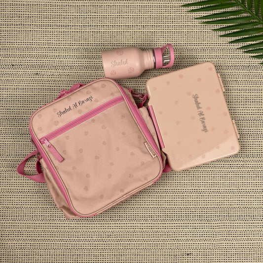 Personalized Kids Lunch Set – Pink Strawberries (Bento, Bottle & Embroidered Bag)