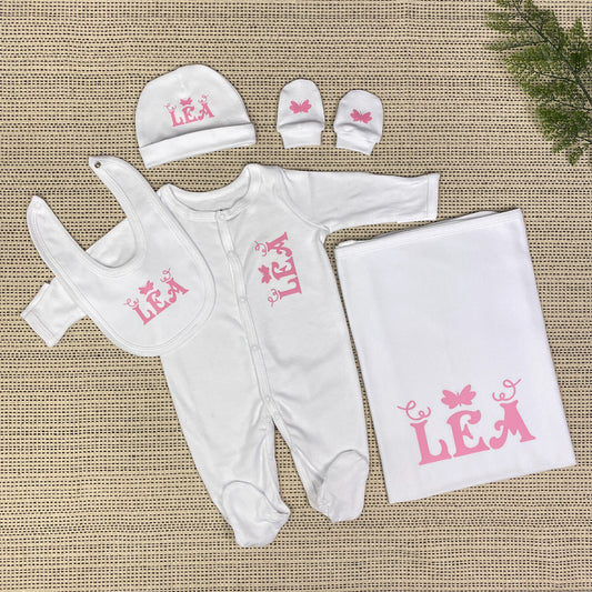 Personalized Baby Clothing Set (Blanket, Sleepsuit, Beanie, Bib, Mittens) - Butterfly