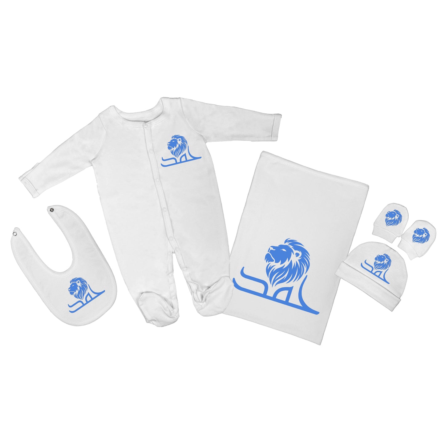 Personalized Baby Clothing Set (Blanket, Sleepsuit, Beanie, Bib, Mittens) - Lion