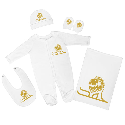 Personalized Baby Clothing Set (Blanket, Sleepsuit, Beanie, Bib, Mittens) - Lion