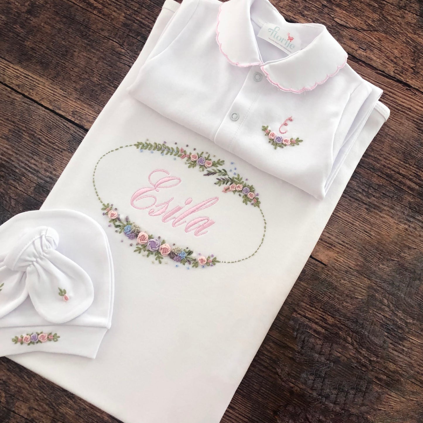 Personalized Hand Embroidery Clothing Set (0-3 Months) (4 Pcs, Sleepsuit, Blanket, Beanie, Mittens) | Flower Bloom
