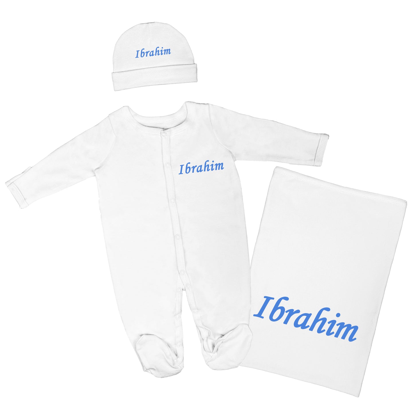 Personalized Baby Clothing Set (Blanket, Sleepsuit, Beanie) - English Name